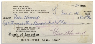 Moe Howard Check Signed, Made out to Himself, and Also Endorsed by Moe on Verso -- Dated 5 November 1959 -- Measures 7'' x 3.25'' -- Very Good Condition